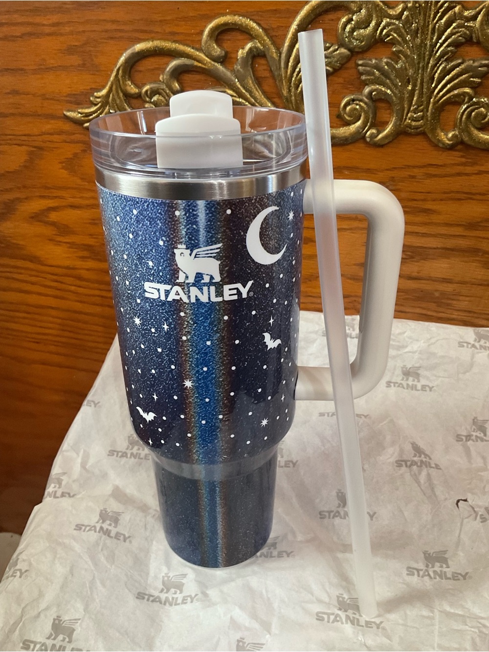 Stanley Blue Galaxy Travel Tumbler with White Handle and Clear Lid